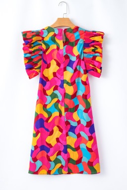 Rose Red Abstract Print Smocked Flutter Shoulder Mini Dress