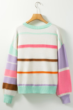 Multicolor Striped Print Drop Shoulder Pullover Crew Neck Sweater