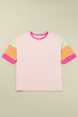 Pink Color Block Sleeve Round Neck Oversize Top
