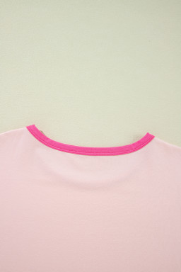 Pink Color Block Sleeve Round Neck Oversize Top