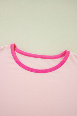 Pink Color Block Sleeve Round Neck Oversize Top
