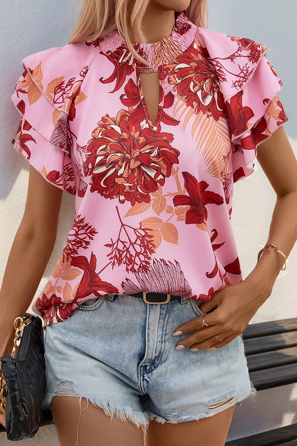 Ruffled 'Petal' Blouse with 3/4 Smocked Sleeves