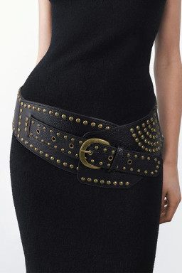 Black Rivet Decor Metal Buckle Triangle Shape Belt