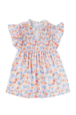 Pink Shirred Yoke Ruffle Abstract Blouse