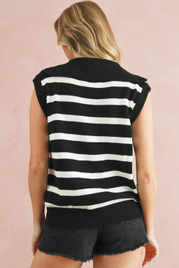 Black Stripe Sleeveless Zipped Collar Knit Top