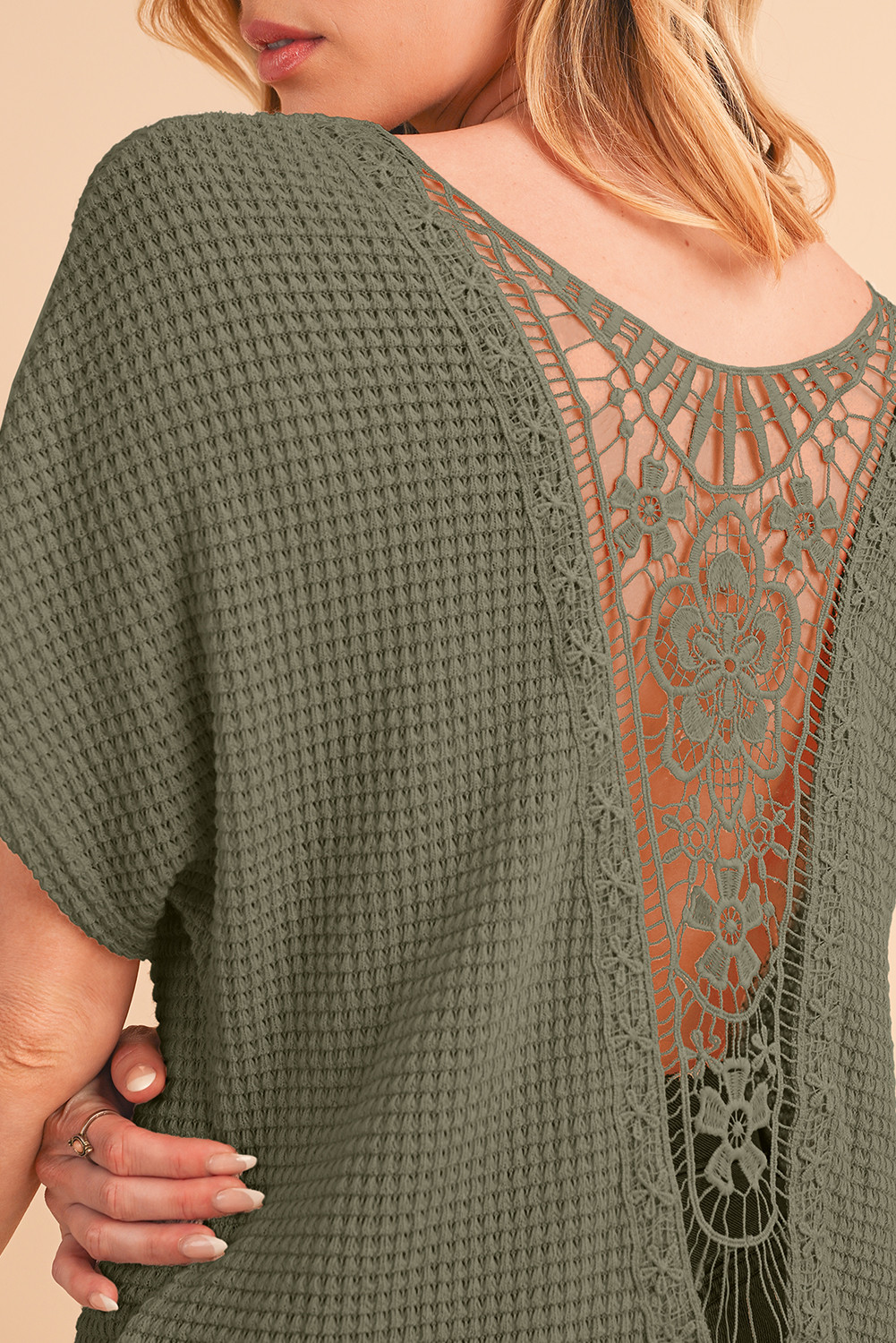 Moss Green Guipure Lace Splicing Back Waffle T Shirt