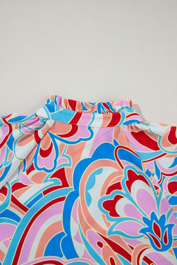 Pink Abstract Print Tie Frill Neck Long Sleeve Shirt