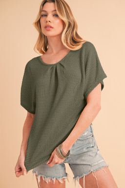 Moss Green Guipure Lace Splicing Back Waffle T Shirt