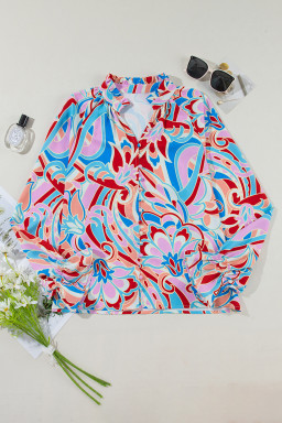 Pink Abstract Print Tie Frill Neck Long Sleeve Shirt