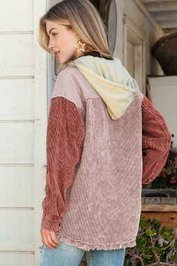 Pink Colorblock Raw Hem Hooded Corduroy Jacket