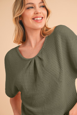 Moss Green Guipure Lace Splicing Back Waffle T Shirt