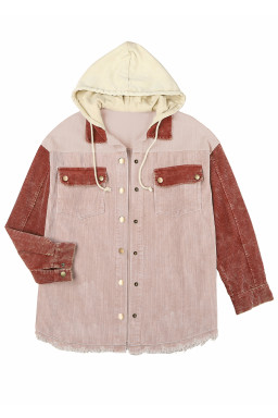 Pink Colorblock Raw Hem Hooded Corduroy Jacket