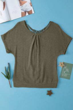 Moss Green Guipure Lace Splicing Back Waffle T Shirt