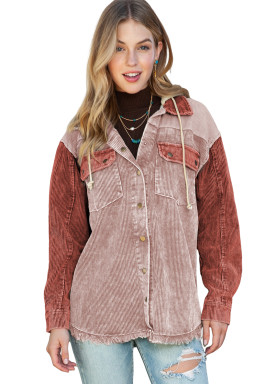Pink Colorblock Raw Hem Hooded Corduroy Jacket