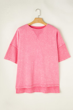 Strawberry Pink Mineral Wash Drop Sleeve Patchwork Plus Size Tee