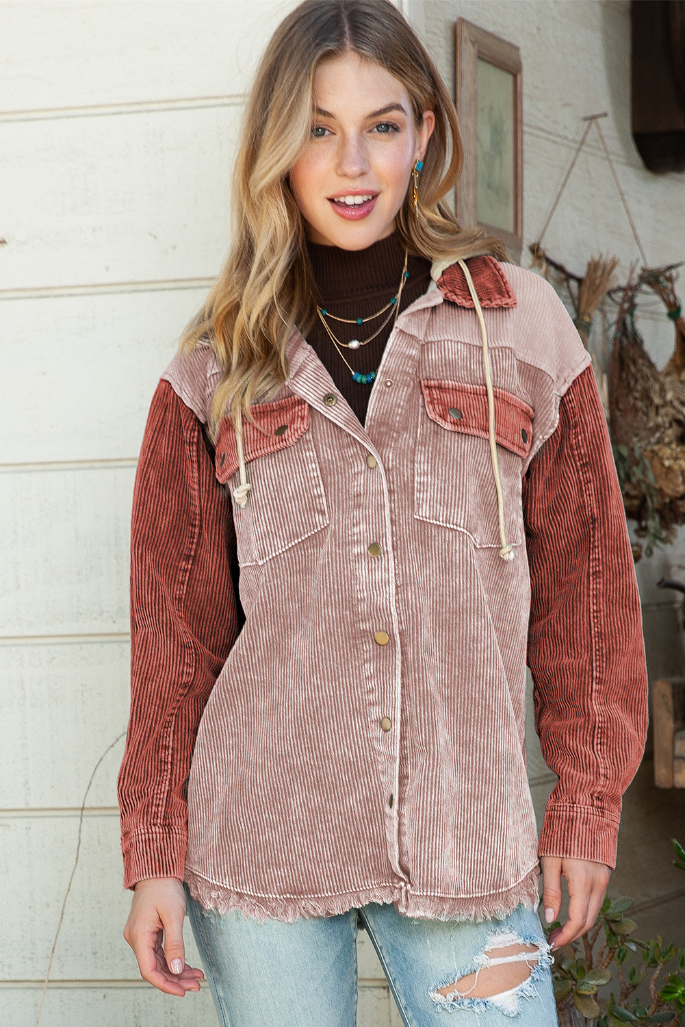 Pink Colorblock Raw Hem Hooded Corduroy Jacket