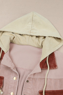 Pink Colorblock Raw Hem Hooded Corduroy Jacket