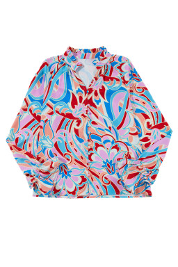 Pink Abstract Print Tie Frill Neck Long Sleeve Shirt