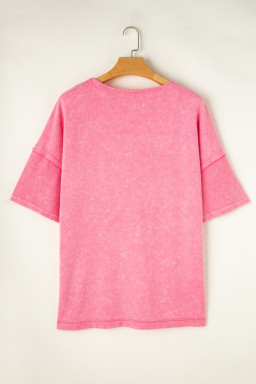 Strawberry Pink Mineral Wash Drop Sleeve Patchwork Plus Size Tee