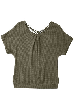 Moss Green Guipure Lace Splicing Back Waffle T Shirt
