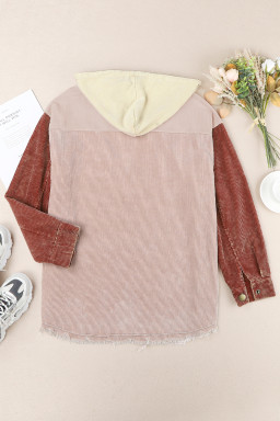 Pink Colorblock Raw Hem Hooded Corduroy Jacket