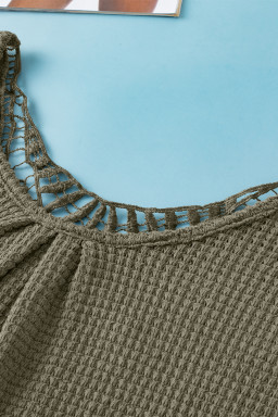 Moss Green Guipure Lace Splicing Back Waffle T Shirt