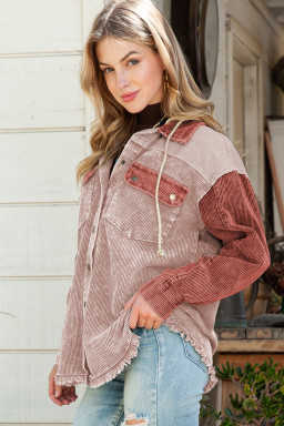 Pink Colorblock Raw Hem Hooded Corduroy Jacket