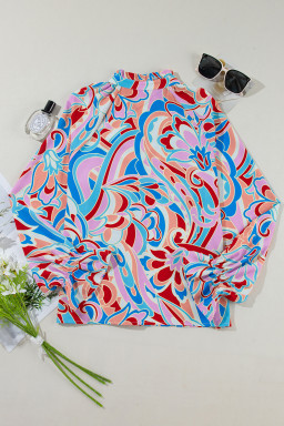 Pink Abstract Print Tie Frill Neck Long Sleeve Shirt