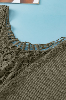 Moss Green Guipure Lace Splicing Back Waffle T Shirt