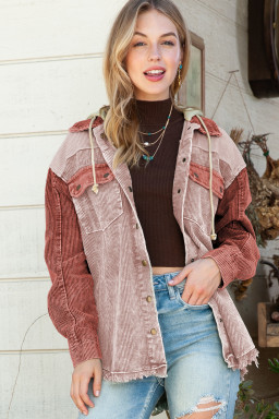 Pink Colorblock Raw Hem Hooded Corduroy Jacket