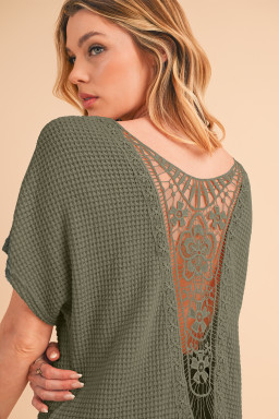 Moss Green Guipure Lace Splicing Back Waffle T Shirt