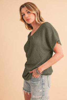 Moss Green Guipure Lace Splicing Back Waffle T Shirt