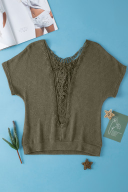 Moss Green Guipure Lace Splicing Back Waffle T Shirt