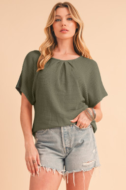 Moss Green Guipure Lace Splicing Back Waffle T Shirt