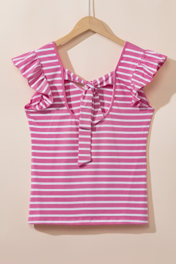 Pink Stripe V Neck Knotted Backless Ruffle T Shirt