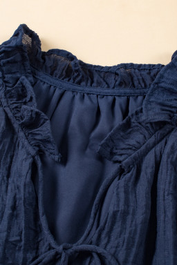 Navy Blue V Neck Flutter Shoulder Textured Blouse