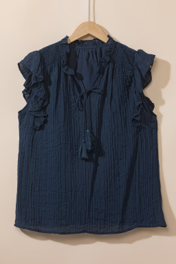 Navy Blue V Neck Flutter Shoulder Textured Blouse