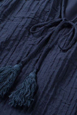 Navy Blue V Neck Flutter Shoulder Textured Blouse