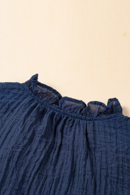 Navy Blue V Neck Flutter Shoulder Textured Blouse