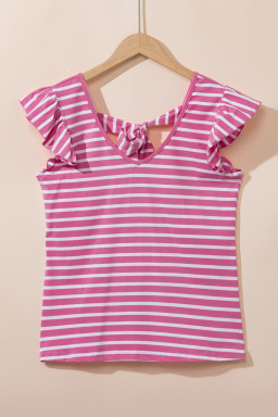 Pink Stripe V Neck Knotted Backless Ruffle T Shirt