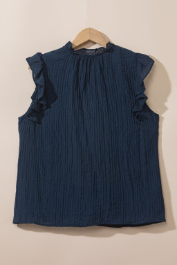 Navy Blue V Neck Flutter Shoulder Textured Blouse