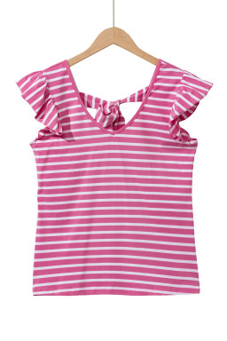 Pink Stripe V Neck Knotted Backless Ruffle T Shirt