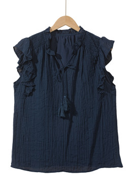 Navy Blue V Neck Flutter Shoulder Textured Blouse