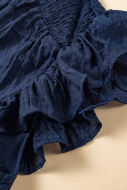 Navy Blue V Neck Flutter Shoulder Textured Blouse