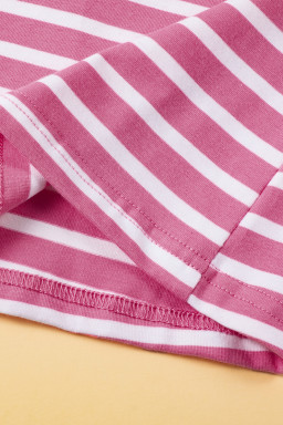 Pink Stripe V Neck Knotted Backless Ruffle T Shirt