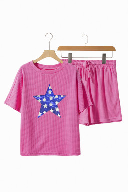 Rose Red Flag Day Sequin Star Waffle Knit Tee and Shorts Set