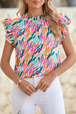 Rose Red Abstract Print Ruffled Flutter Shoulder Blouse