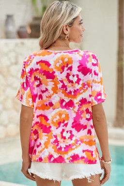Rose Red Boho Abstract Print V Neck Loose Top