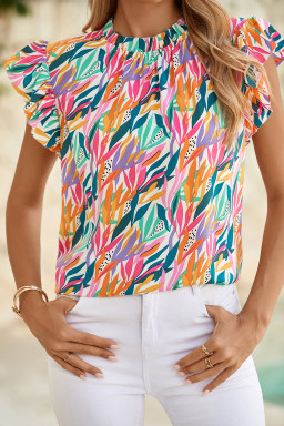 Rose Red Abstract Print Ruffled Flutter Shoulder Blouse