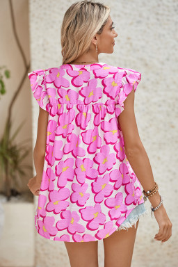 Rose Floral Print Frill V-Neck Pleated Ruffle Blouse